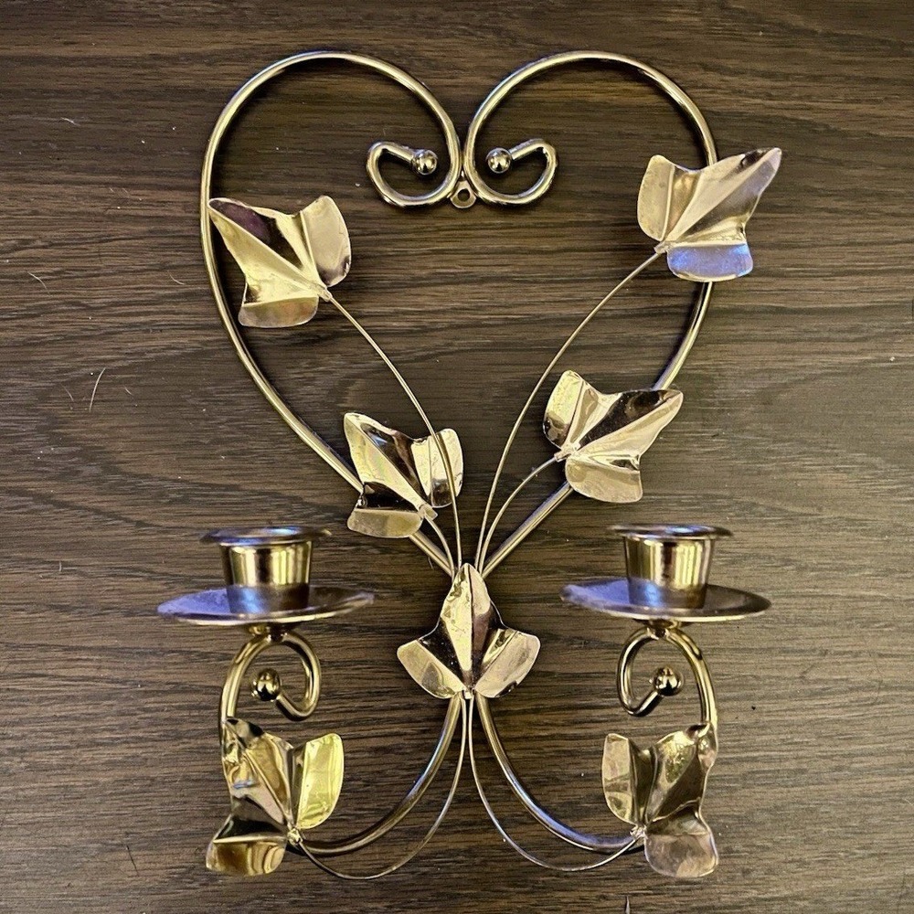 Vintage Home Interiors Brass Heart Ivy Candle Holder Wall Sconce Country Cottage